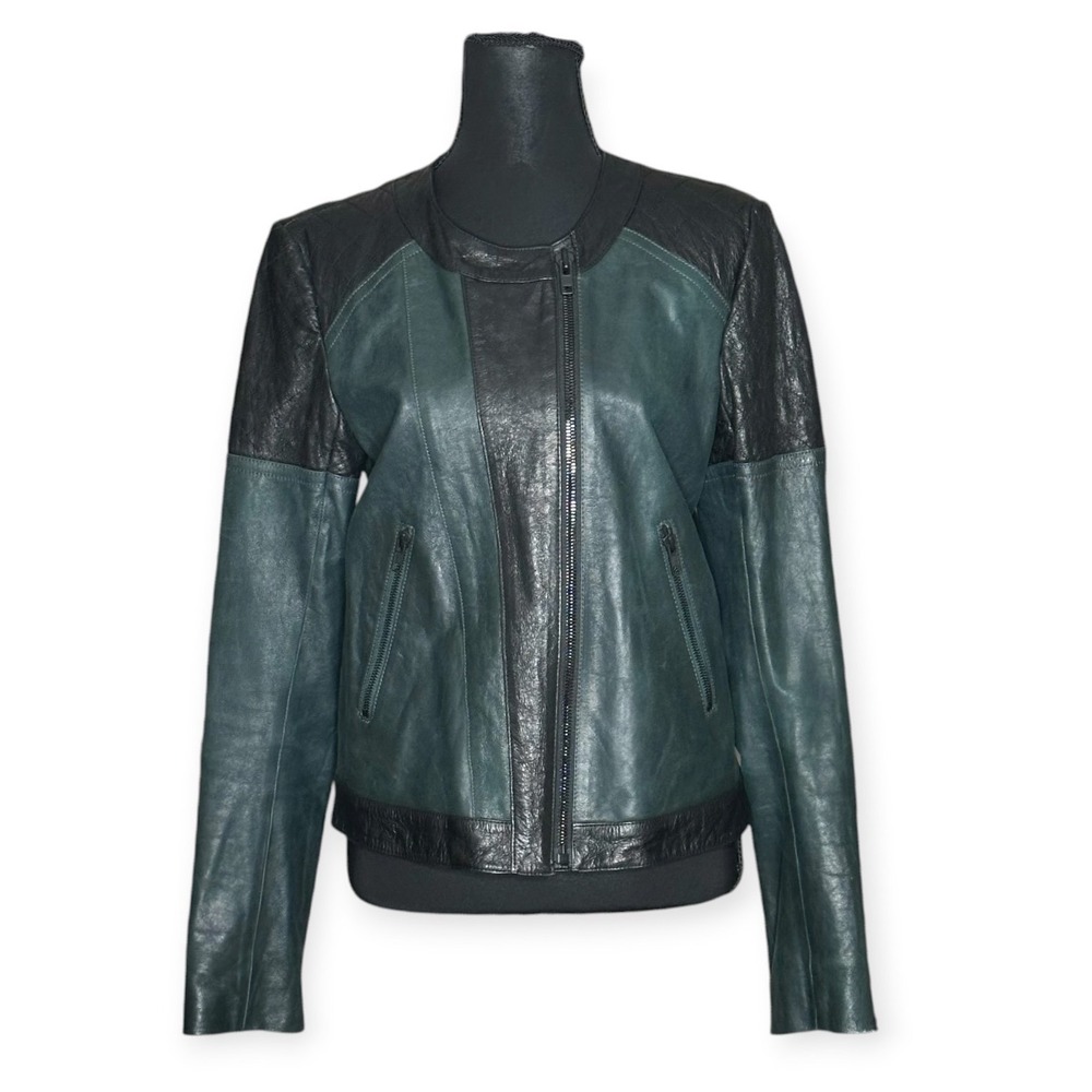 Lamb Leather Colorblock Moto Jacket Green Black Size M Theory Womens